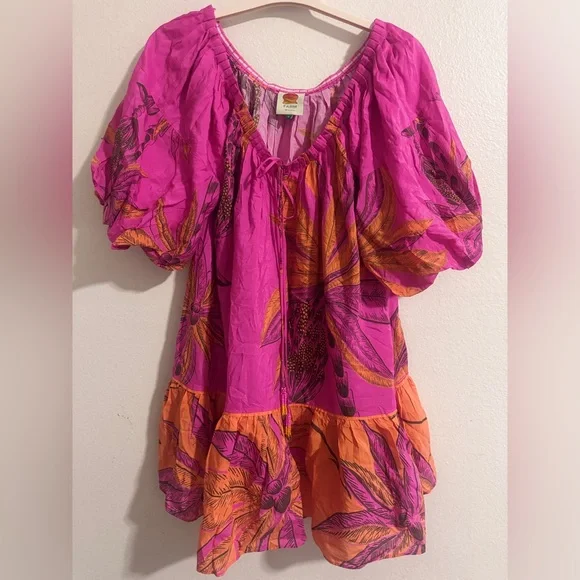 FARM Rio Pink and Orange Floral Puff-Sleeve Mini Dress, Size Small - Picture 2 of 6
